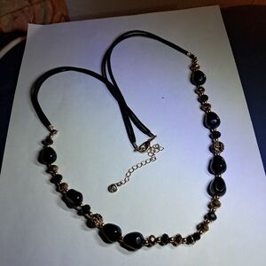 C1946 Statement Black Rope Necklace w/ Goldtone & Amber Beads